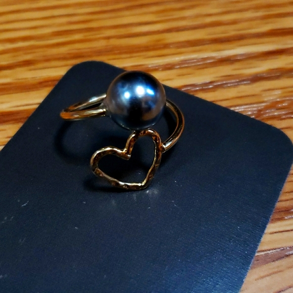 Gold heart tear drop with tahitian pearl earrings, Gold heart ring with pearl - Picture 2 of 3